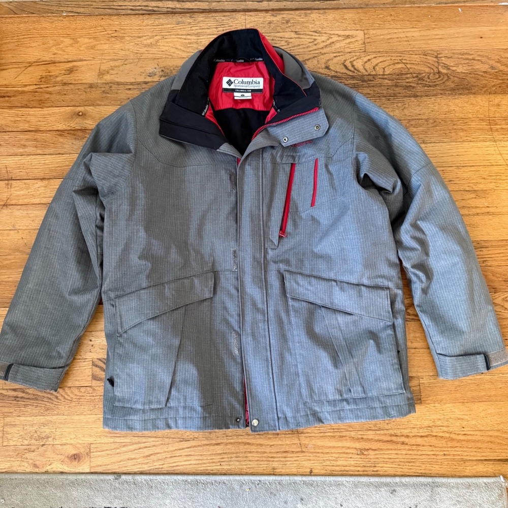 Columbia Interchange Mens L 3-in-1 Winter Jacket Gray Red Fleece Coat SM7741